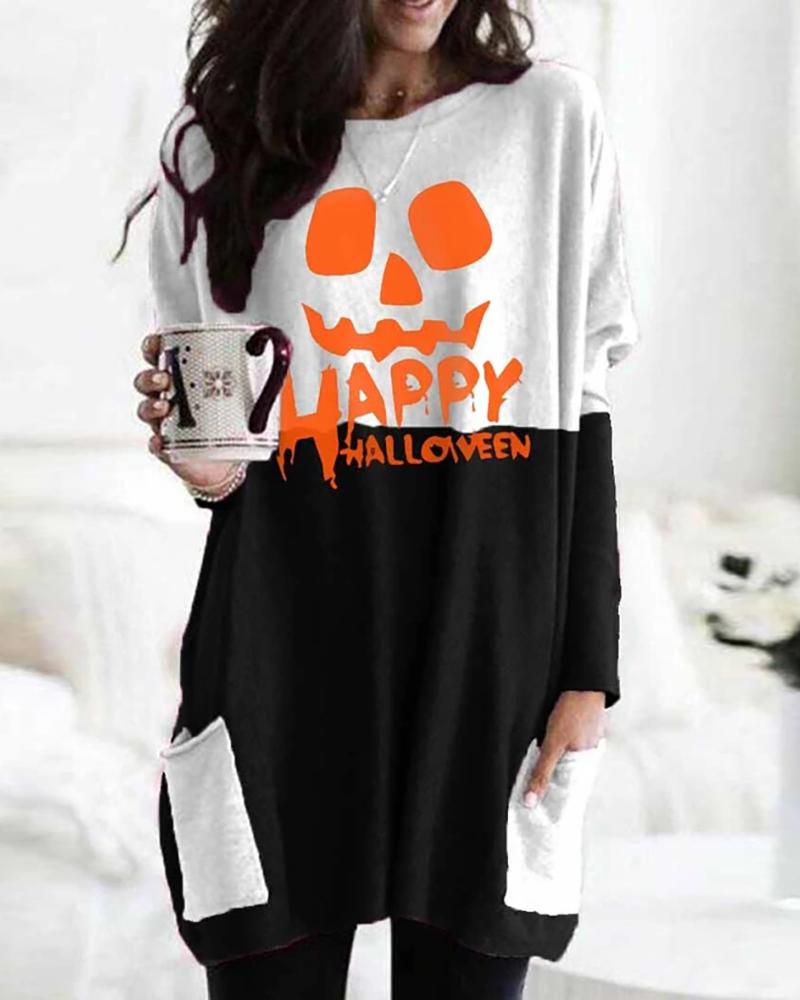 

Halloween Pumpkin Face Letter Print Pockets Design Top, Black