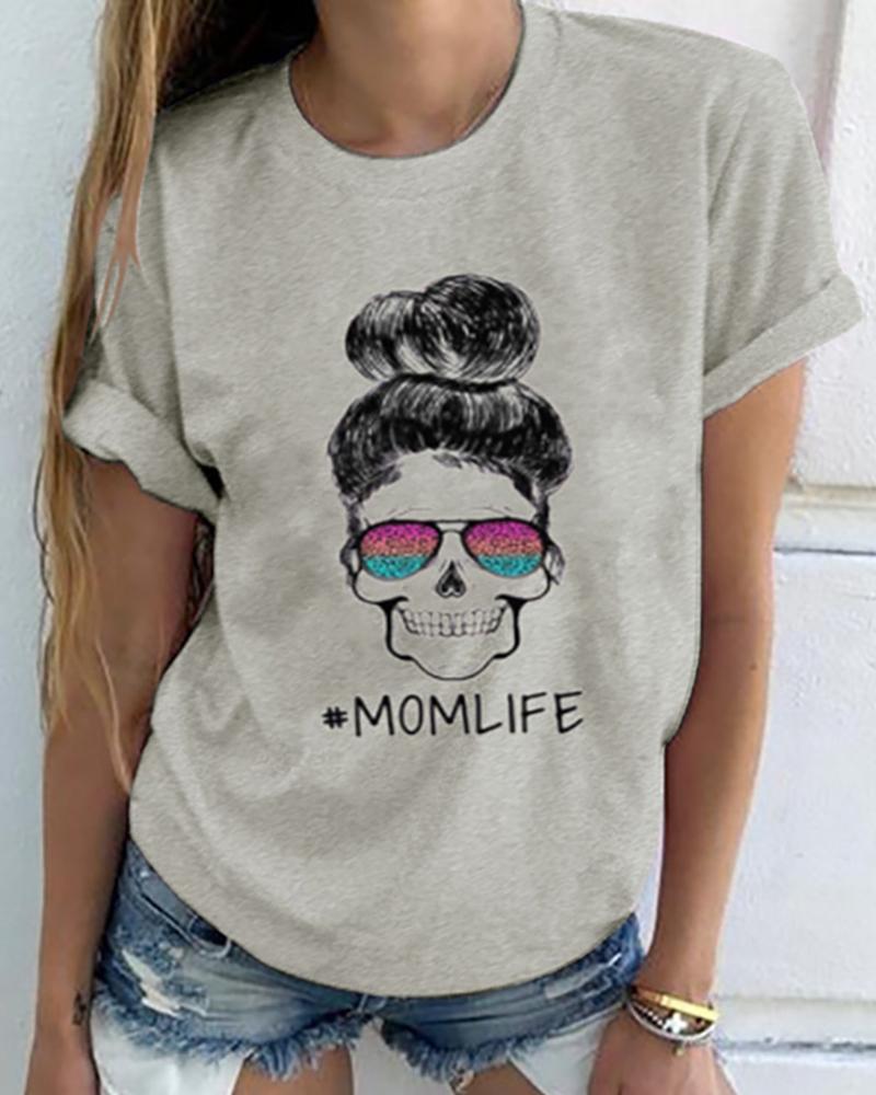 

Letter Print Skull Pattern Shot Sleeve Casual T-shirt, Gray