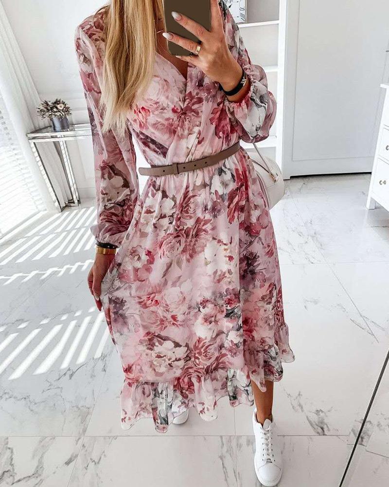 

Lantern Sleeve Floral Print Ruffles Wrap Dress, Pink