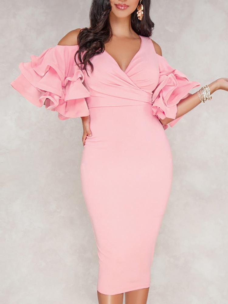 

Solid Cold Shlouder Ruffle Sleeve Midi Dress, Pink