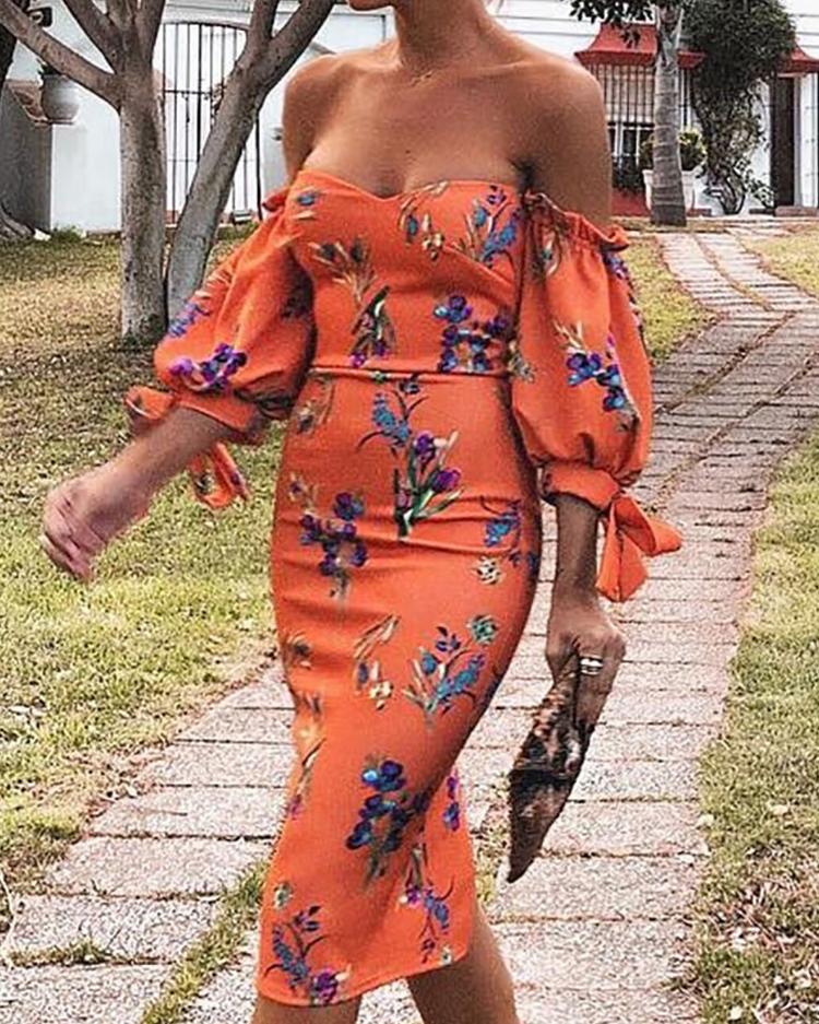 

Floral Print Off Shoulder Lantern Sleeve Dress, Orange
