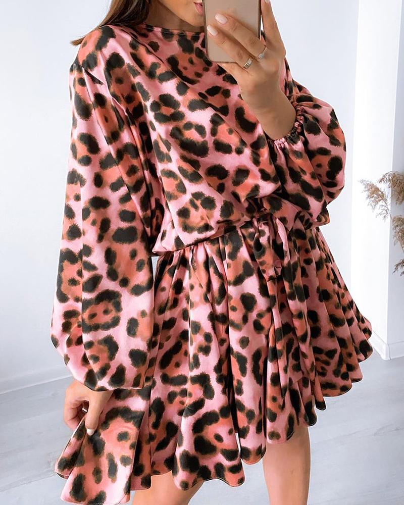 

Cheetah Print Long Sleeve Casual Dress, Pink