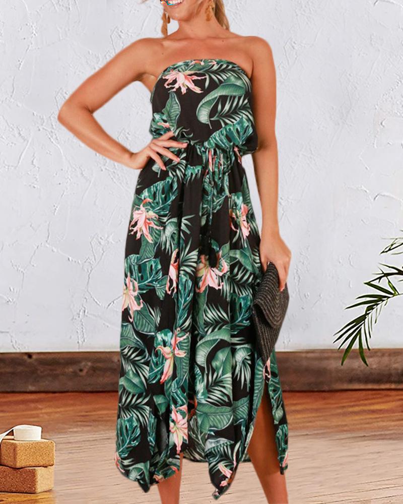 

Floral Print Bandeau Casual Dress, Black