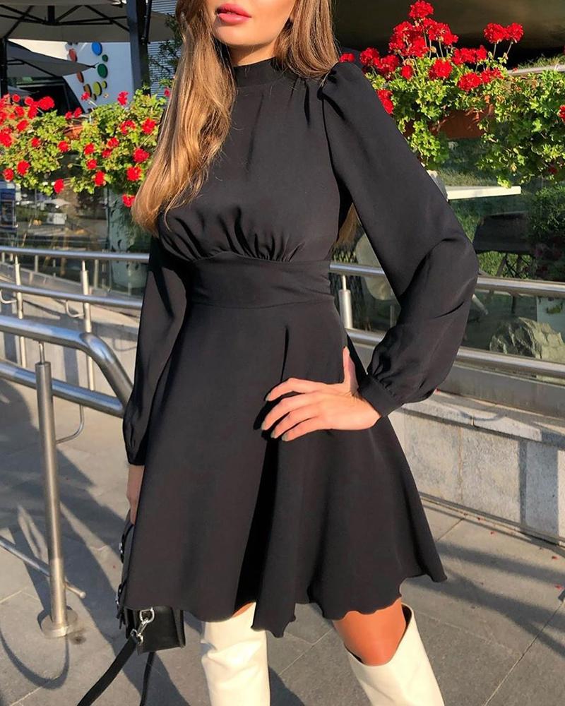 

Solid Long Sleeve Tight Waist Pleated Dress, Black