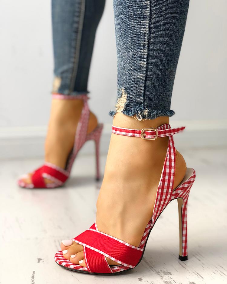 

Plaid Print Crisscross Ankle Strap Heeled Sandals, Red