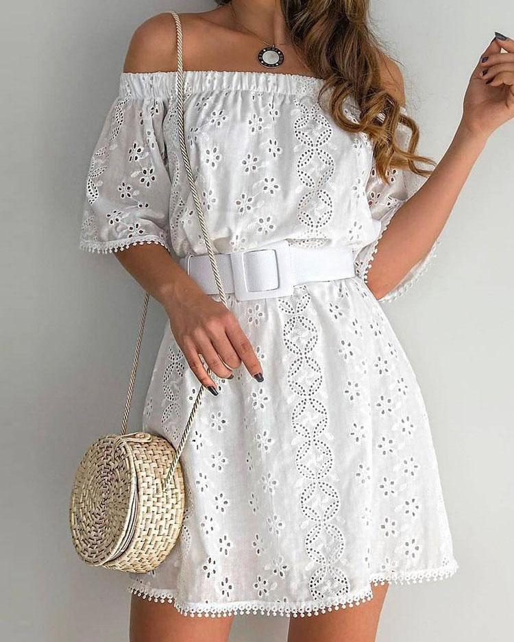 

Off Shoulder Hollow Out Trim Casual Dress, White