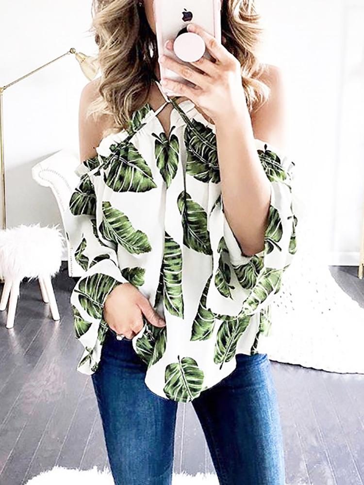 

Leaf Print Frill Halter Cold Shoulder Blouse, Green