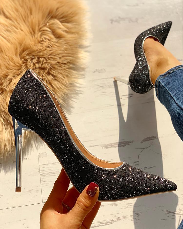 

Lace & Glitter Pointed Toe Thin Heels, Black
