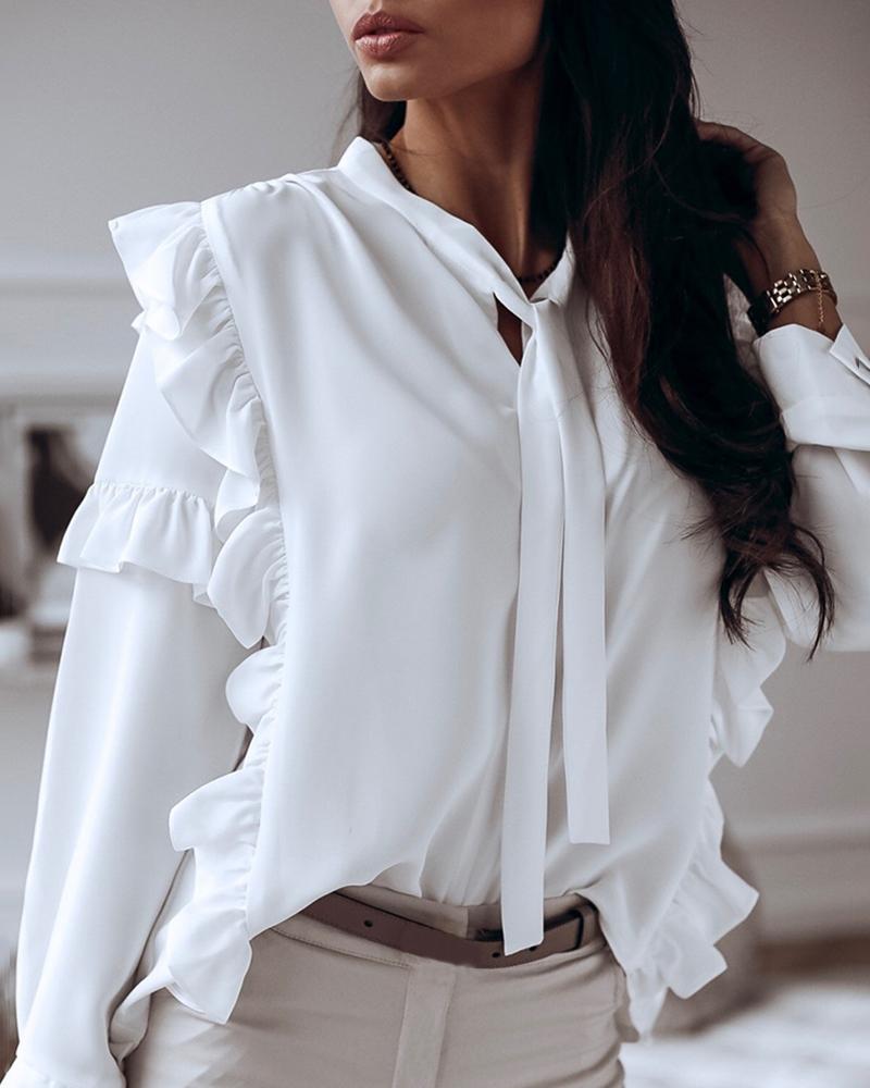 

Solid Ruffles Tied Neck Blouse, White