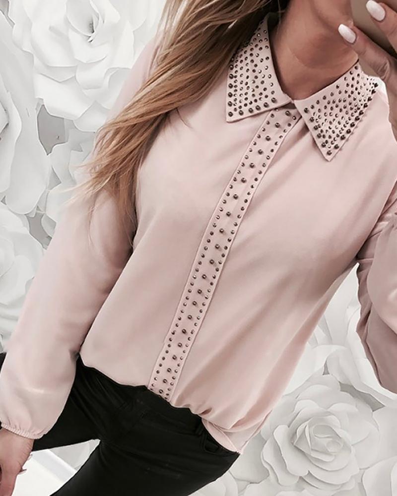 

Hot Stamping Turn-down Collar Long Sleeve Shirt, Pink
