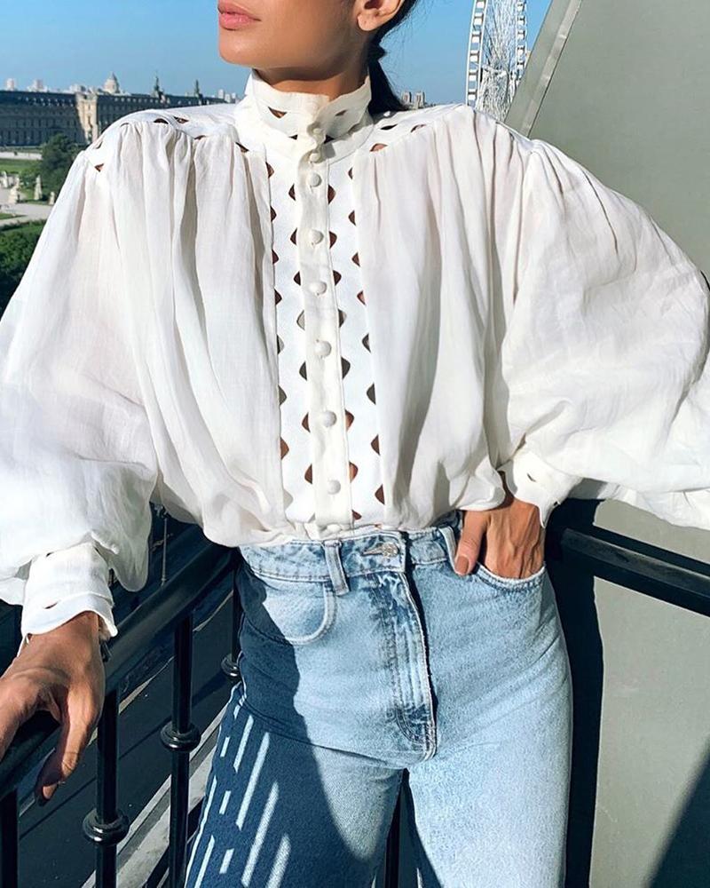 

Hollow Out Long Sleeve Blouse, White