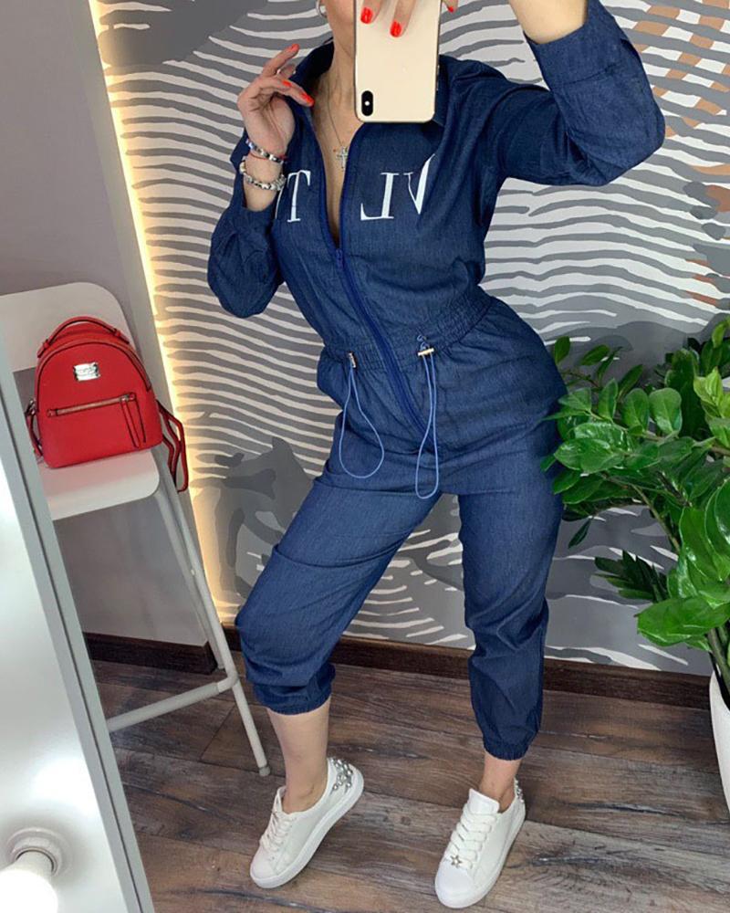 

Solid Letter Print Tight Waist Zipped Jumpsuit, Dark blue