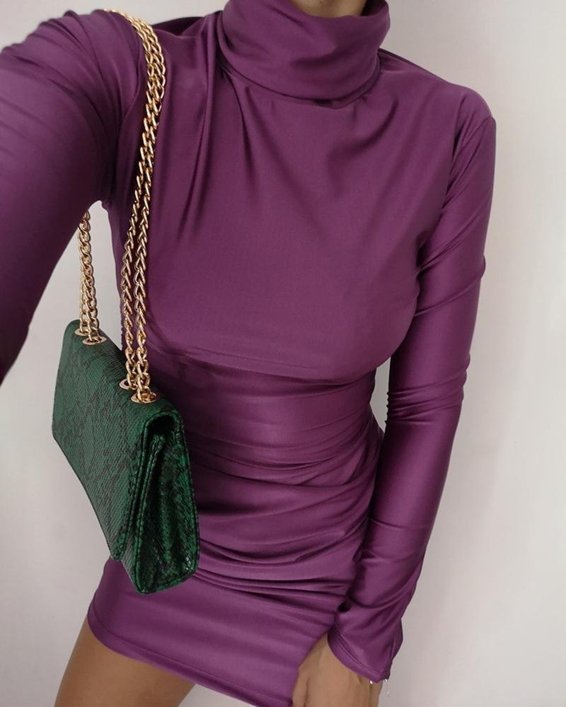 

Solid High Neck Long Sleeve Ruched Bodycon Dress, Dark purple