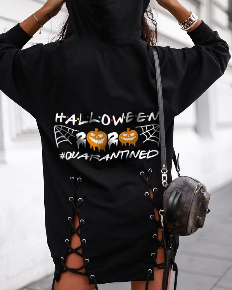 

Halloween Pumpkin Letter Print Eyelet Lace-up Hooded Top, Black
