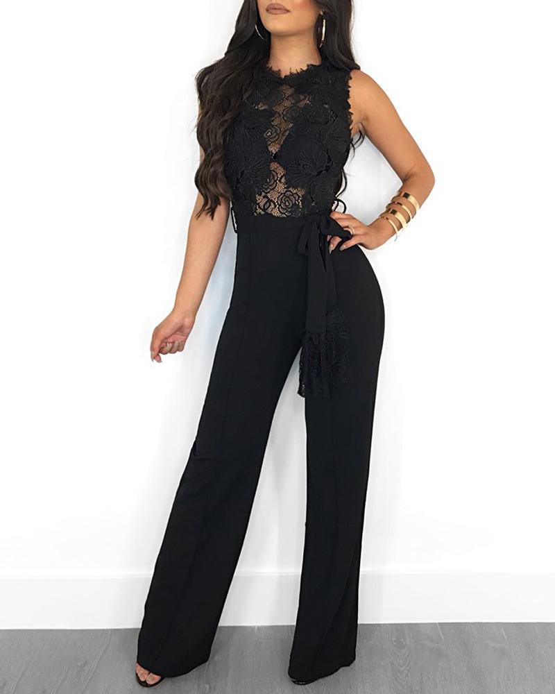 

Sleeveless Lace Bodice Jumpsuits, Black