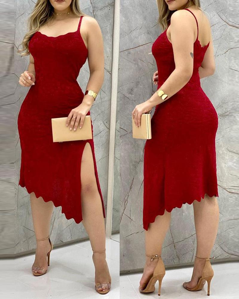 

Scallop Trim High Slit Dress, Red