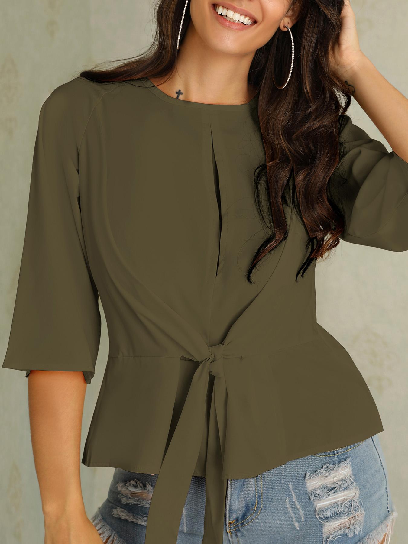 

Solid Bat-wing Sleeve Knot Front Casual Blouse, Green