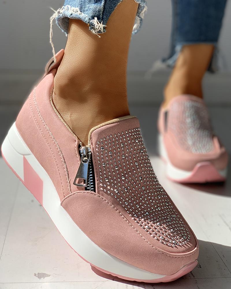 

Suede Beads Design Zipper Platform Casual Sneakers, Pink