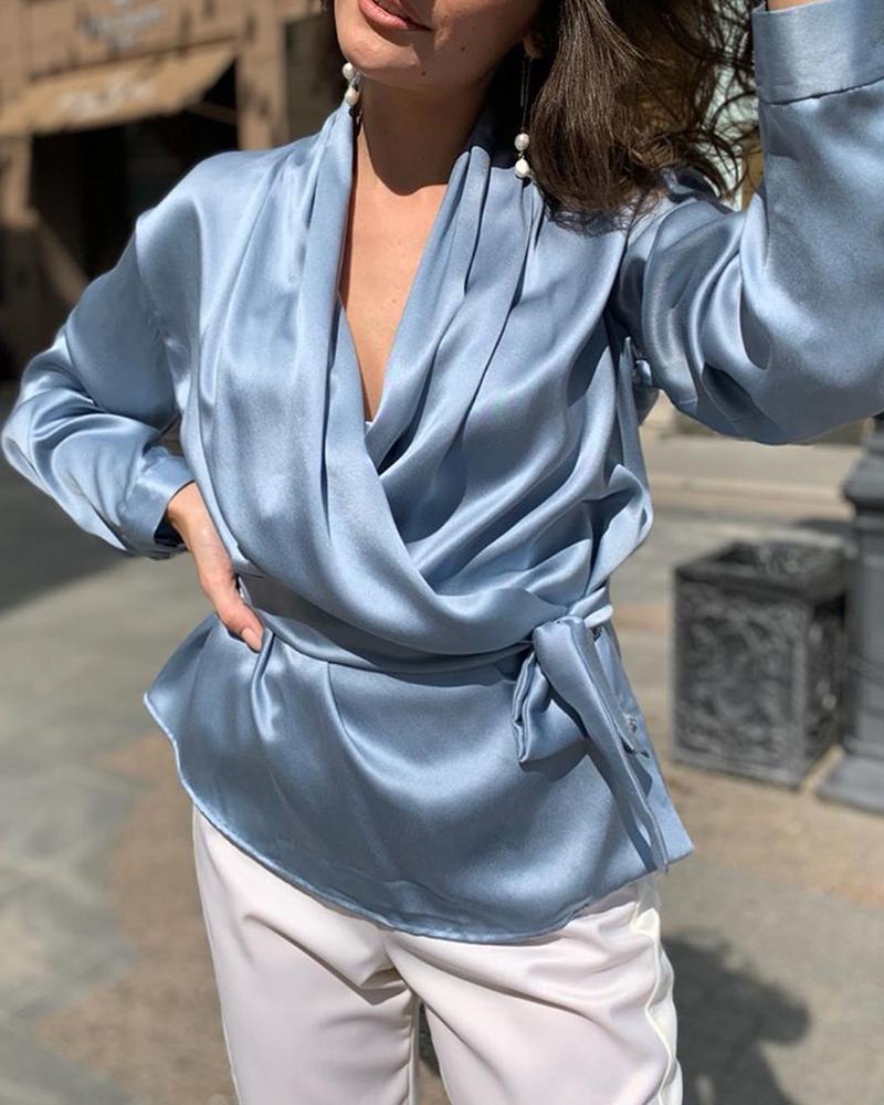

Solid V Neck Drape Front Long Sleeve Blouse