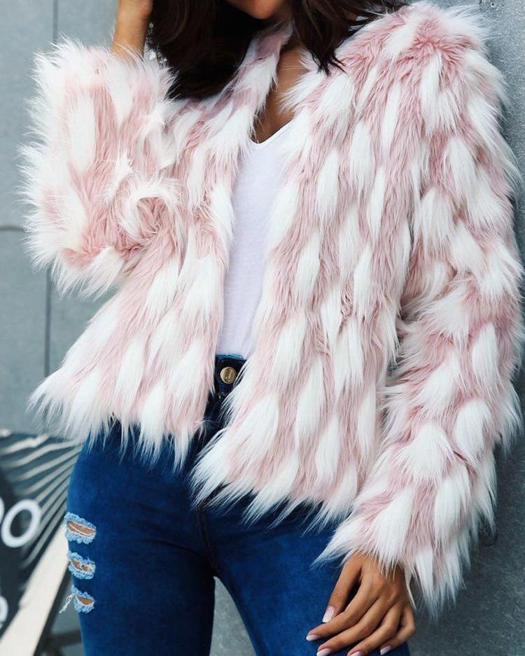 

Color Block Open Front Fluffy Faux Fur Coat, Pink