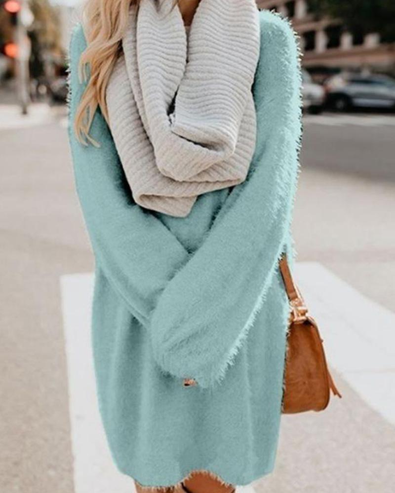 

Solid Color Medium Length Loose Knitting Sweater, Blue