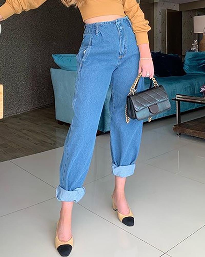 

Buttoned Pocket Design High Waist Jeans, Blue