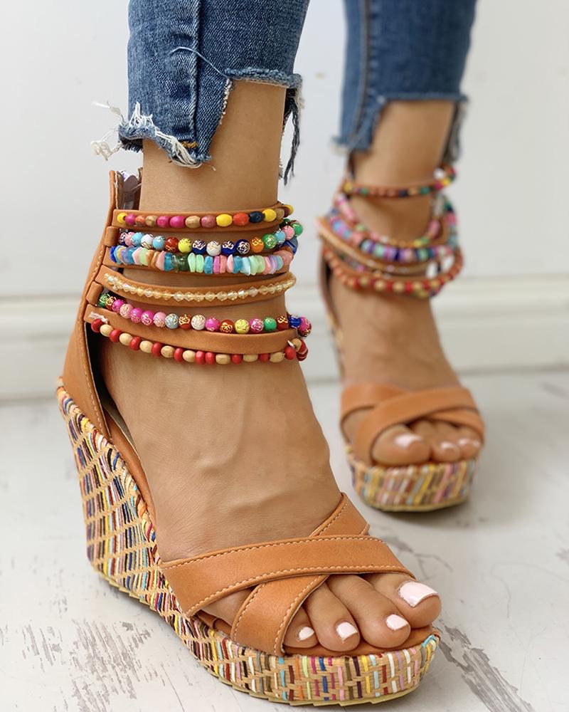 

Colorful Beaded Platform Wedge Sandals, Orange