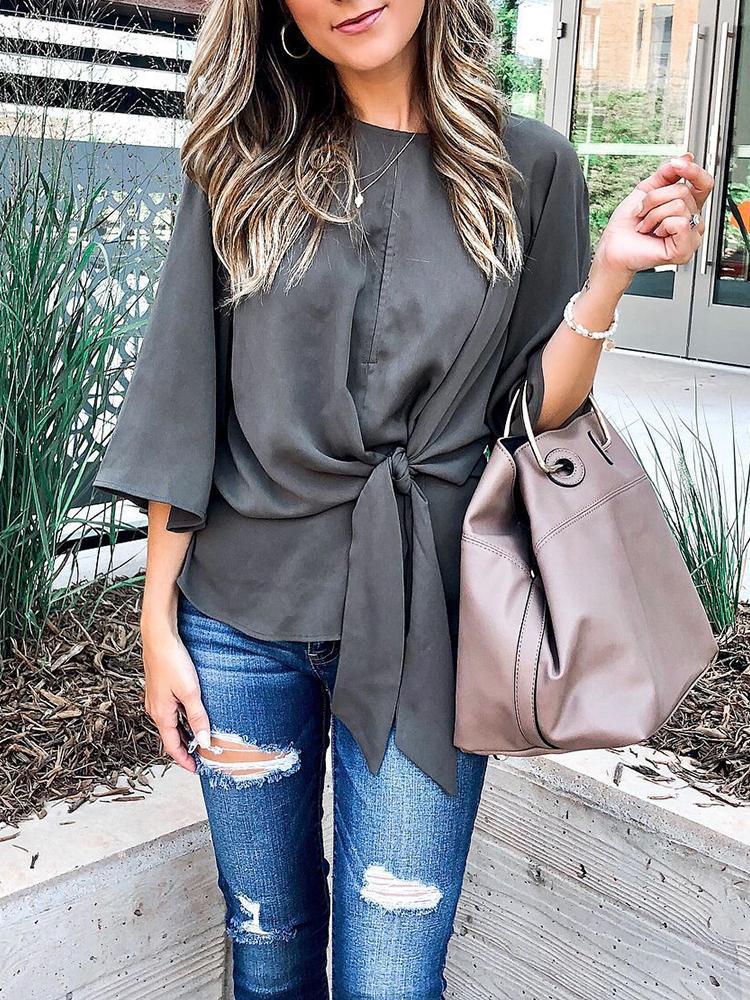 

Solid Round Neck Tied Waist Blouse, Gray