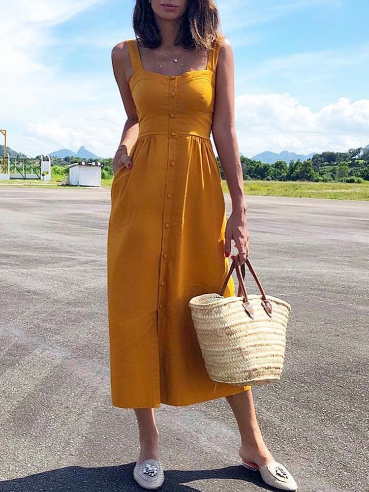 

Solid Button Design Thick Strap Casual Dress, Yellow
