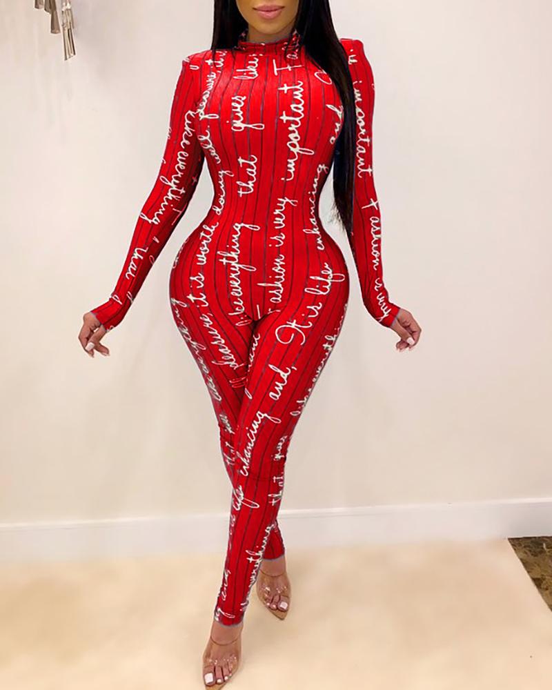 

Mock Neck Letter Print Long Sleeve Jumpsuit, Red