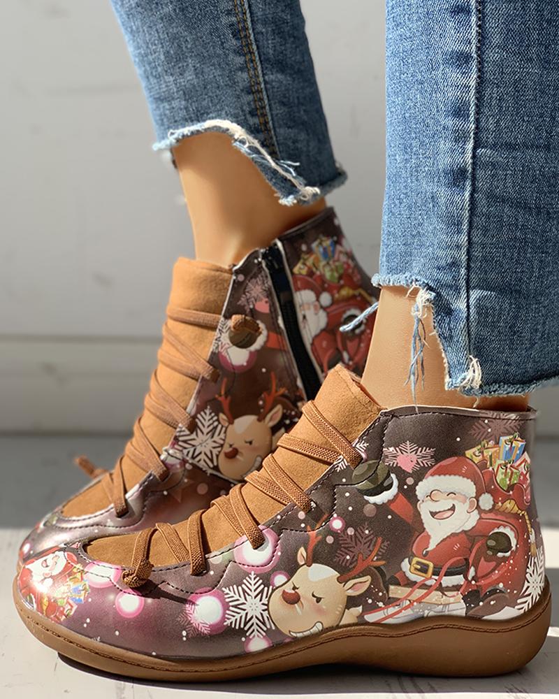 

Suede Cartoon Print Patchwork Lace-Up Casual Boots, Yellow