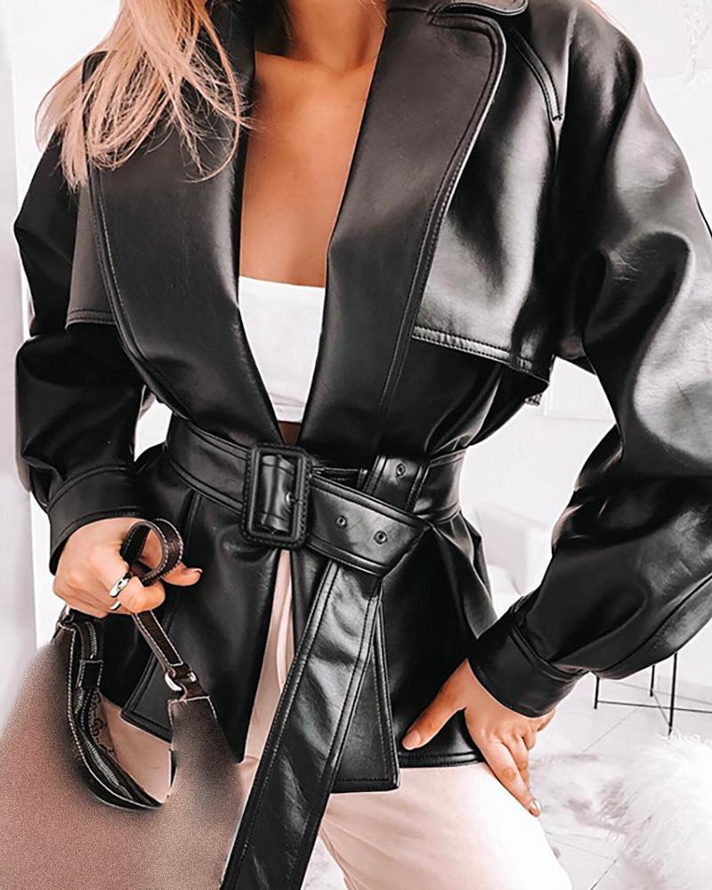 

PU Leather Long Sleeve Casual Coat, Black