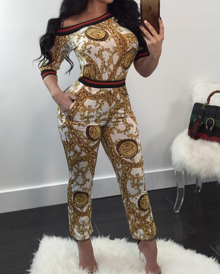 

Digital Print Skew Neck Pantsuit, Black