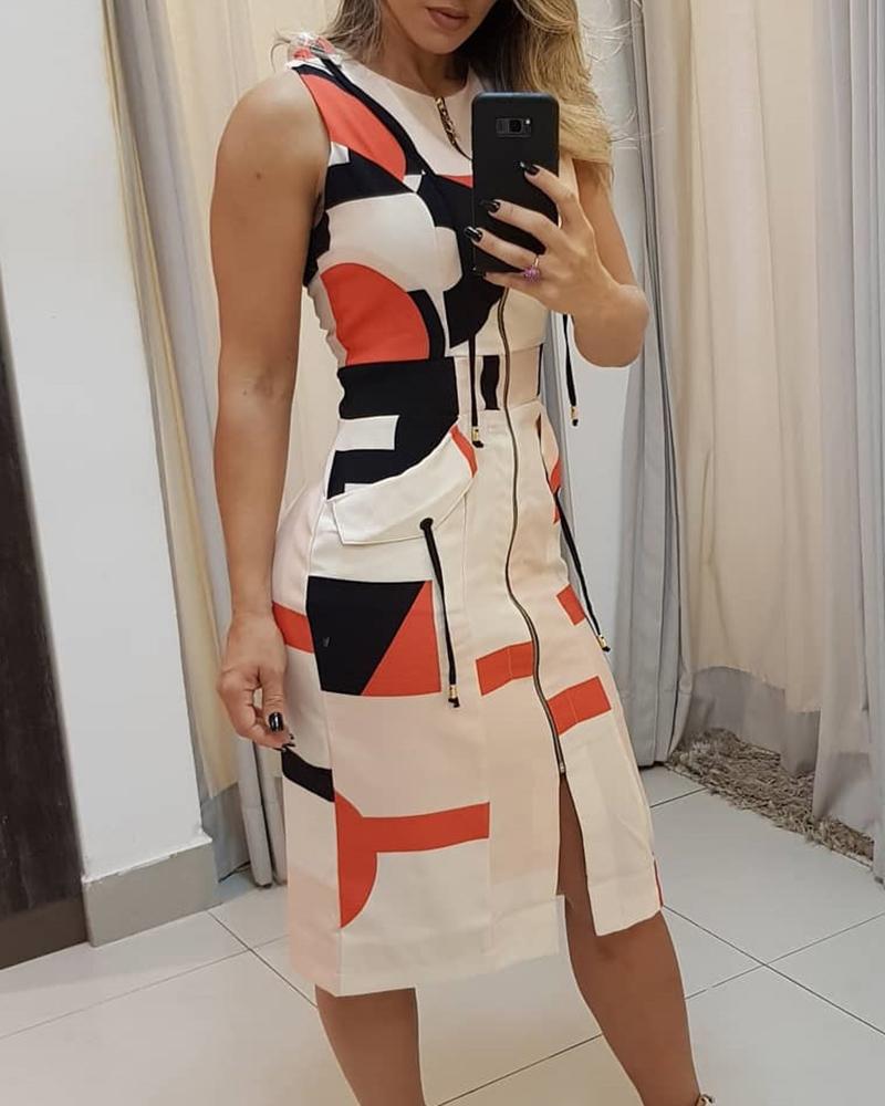 

Colorblock Zipper Design Sleeveless Dress, White