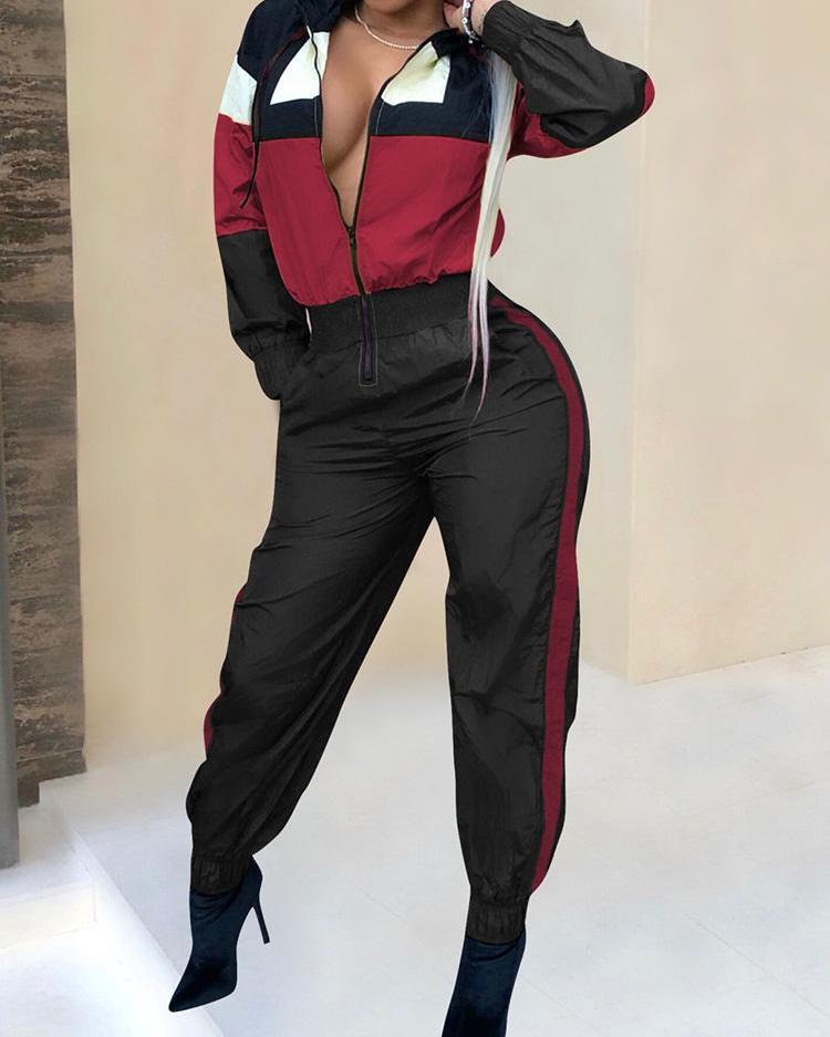 

Color Blocking Zipper Design Jumpsuits, Red