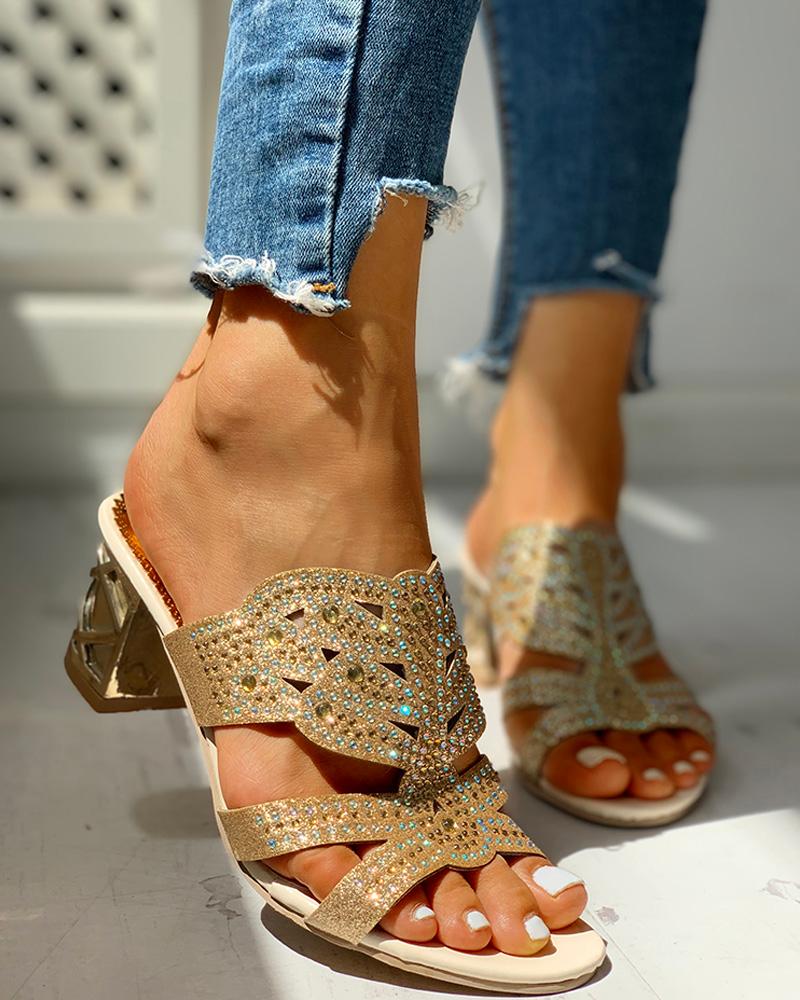 

Studded Cut Out Design Chunky Heeled Sandals, Gold