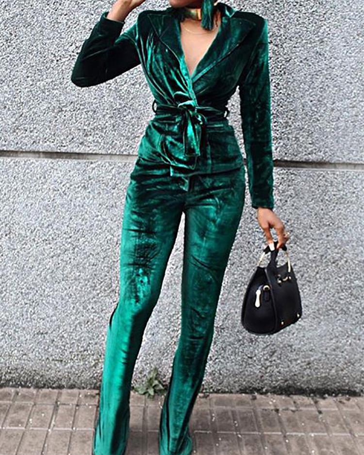 

Velvet Wrapped Tied Waist Suit Sets, Green