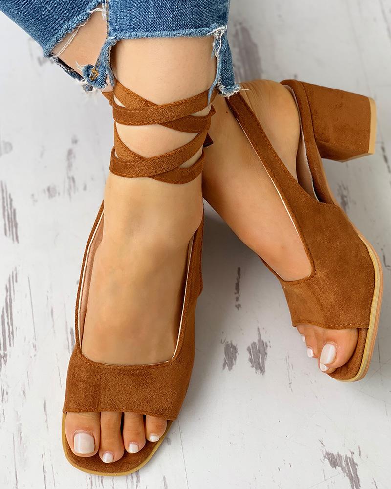 

Peep Toe Bandage Lace-UP Slingback Chunky Heels, Brown