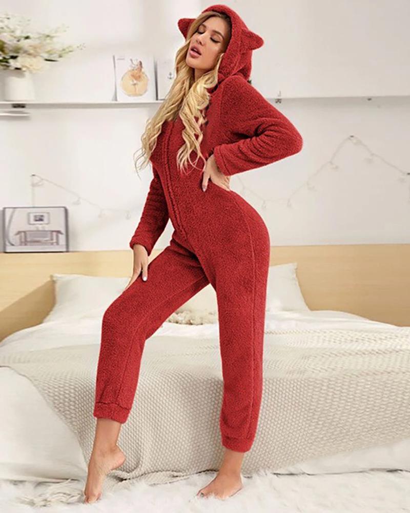 

Plain Hooded Teddy Animal Onesie Pajamas, Red