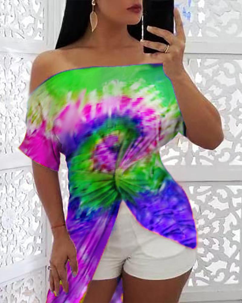 

Tie Dye Print Twisted Detail Dip Hem Blouse, Green