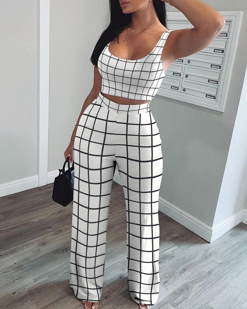 

Grid Print Casual Top & High Waist Pants Set, Black&white
