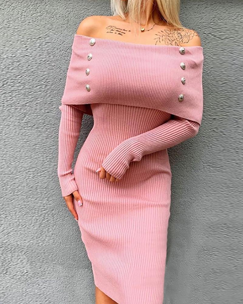 

Off Shoulder Plain Ribbed Bodycon Dress, Pink