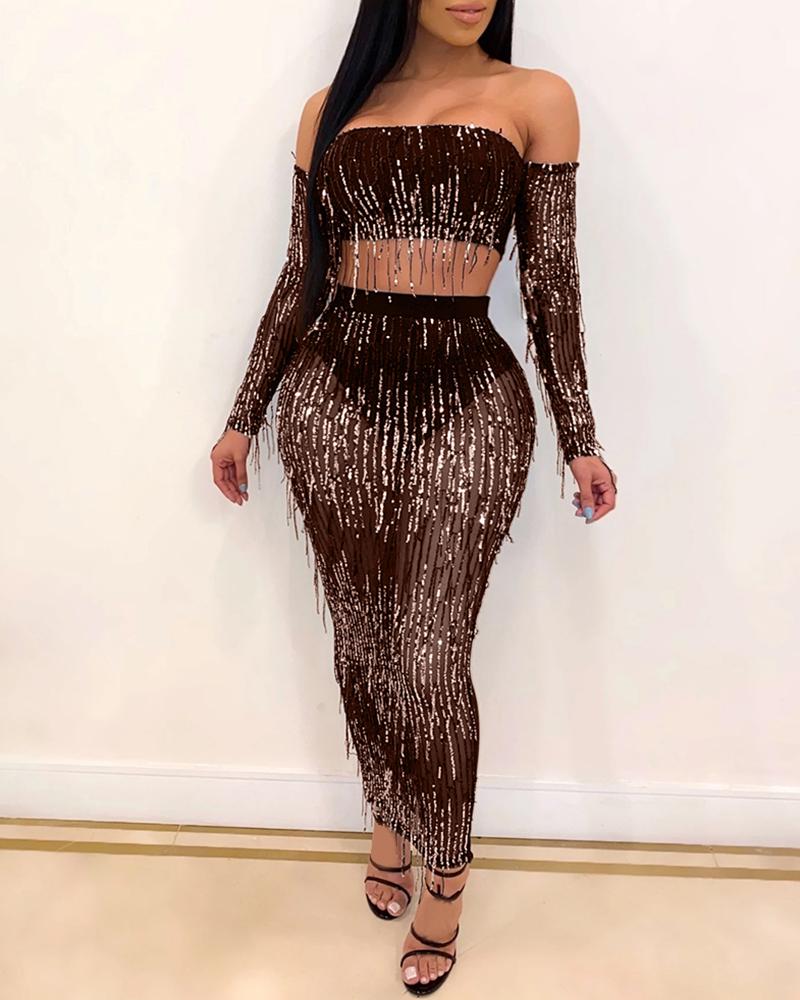 

Tassel Off Shoulder Sequins Top & Skirt Sets, Coffee