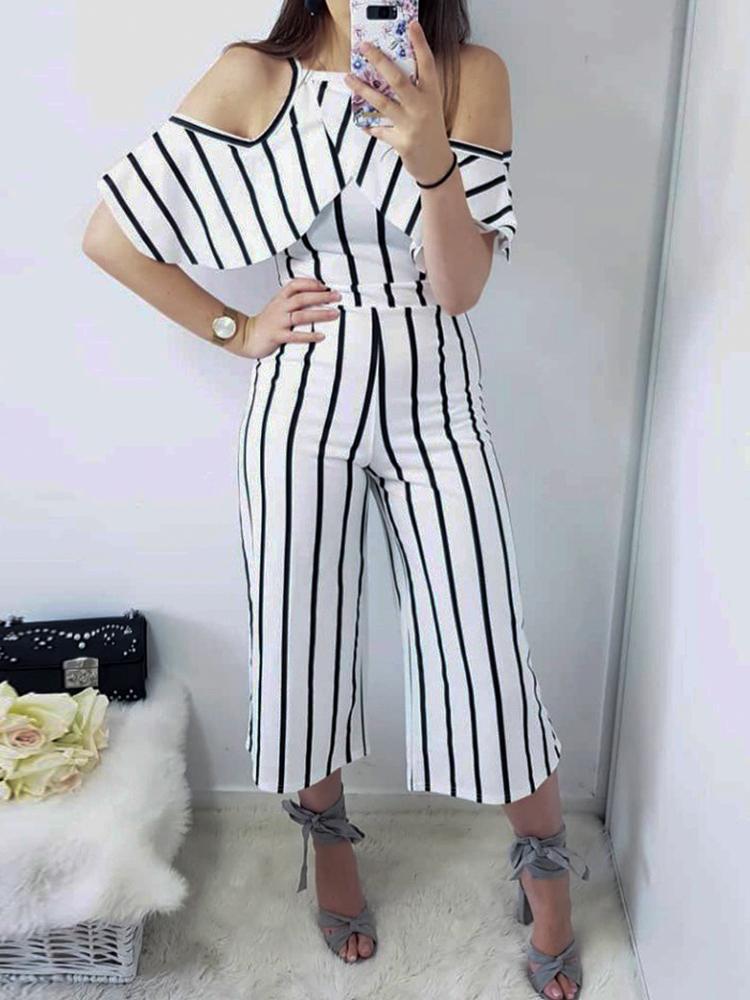

Striped Cold Shoulder Wide Leg Casual Jumpsuit