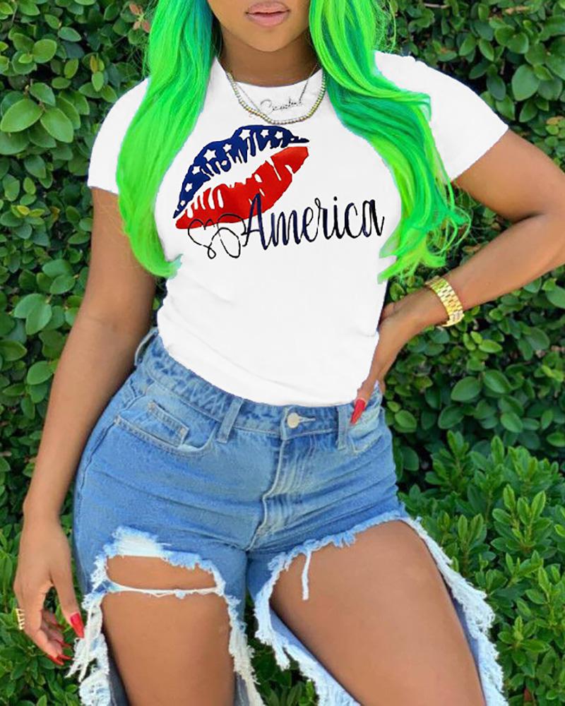

Lip / Flag / Letter Print Short Sleeve Casual T-shirt, White