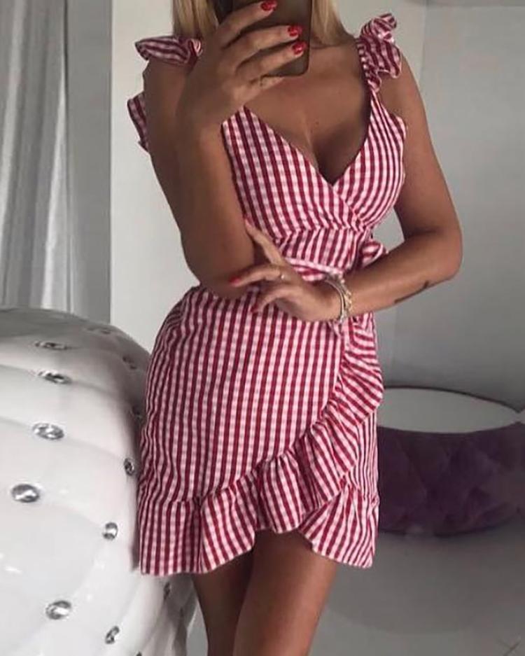 

Grid Print Ruffer Hem Mini Wrap Dress, Pink