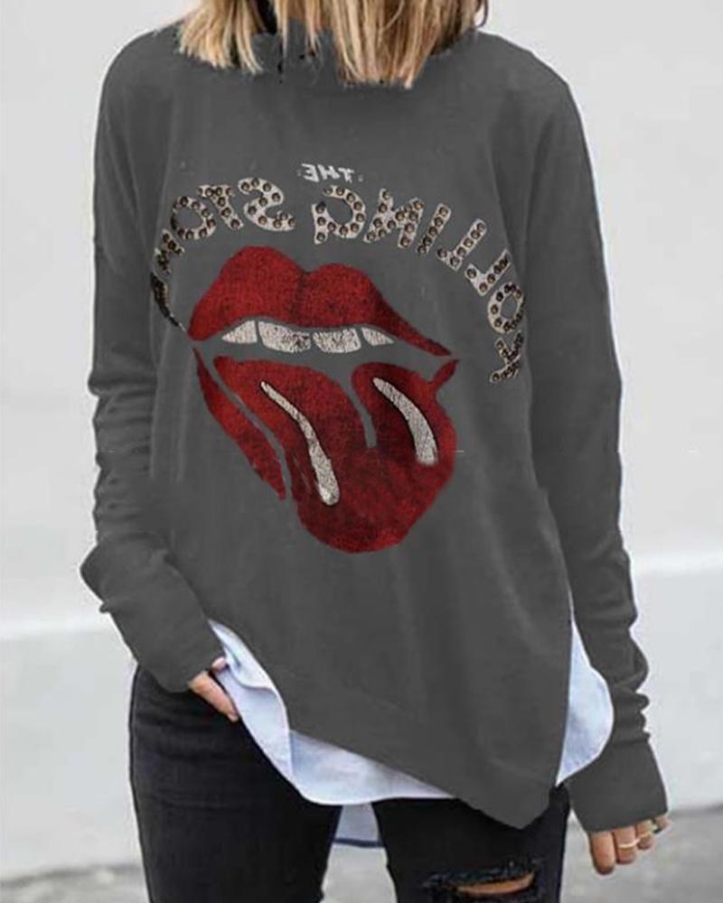 

Tongue Print Long Sleeve Top, Gray