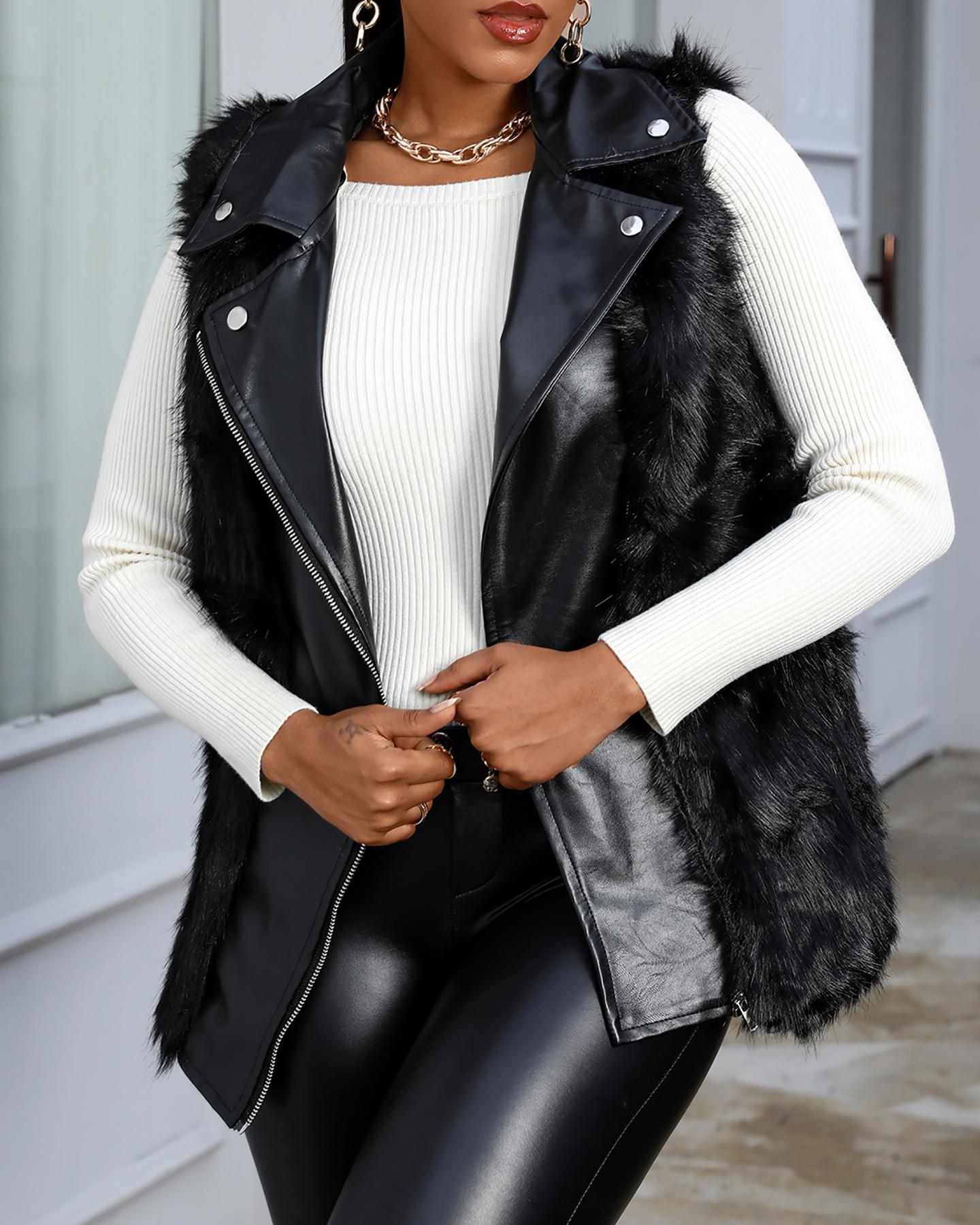 

Faux Fur Button Decor PU Leather Vest, Black