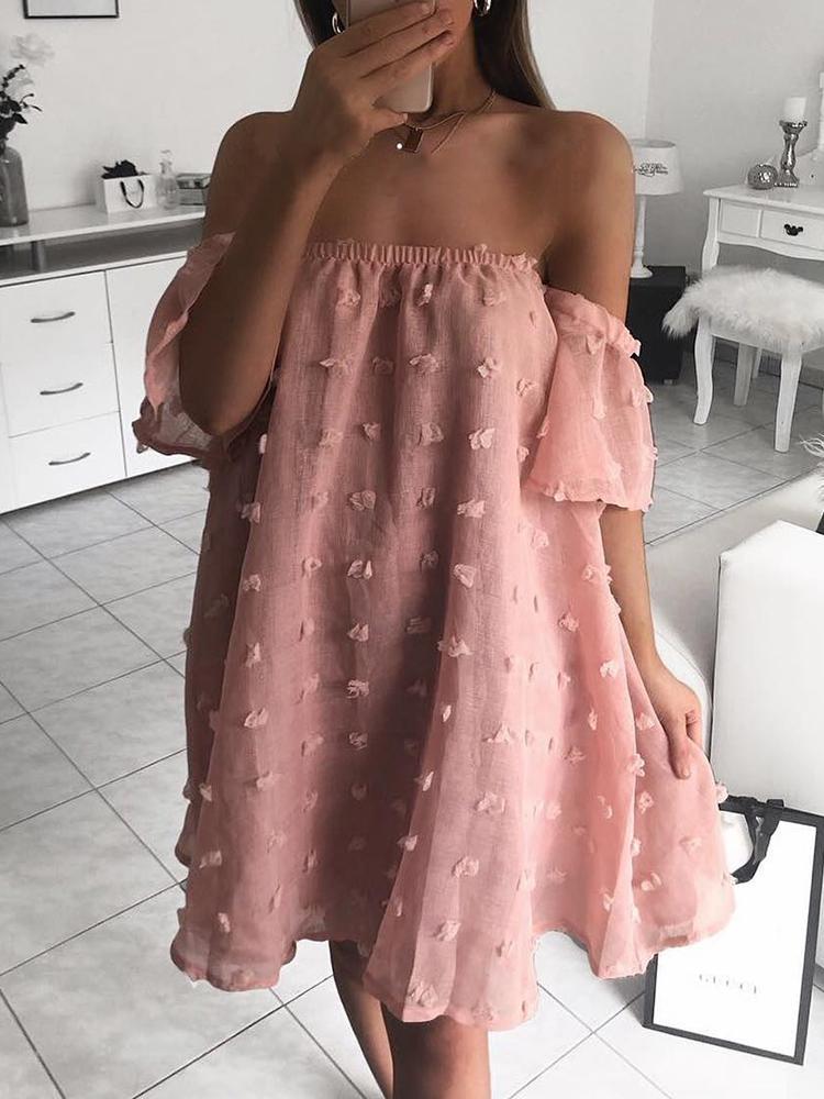 

Solid Off Shoulder Mesh Chiffon Dress, Pink