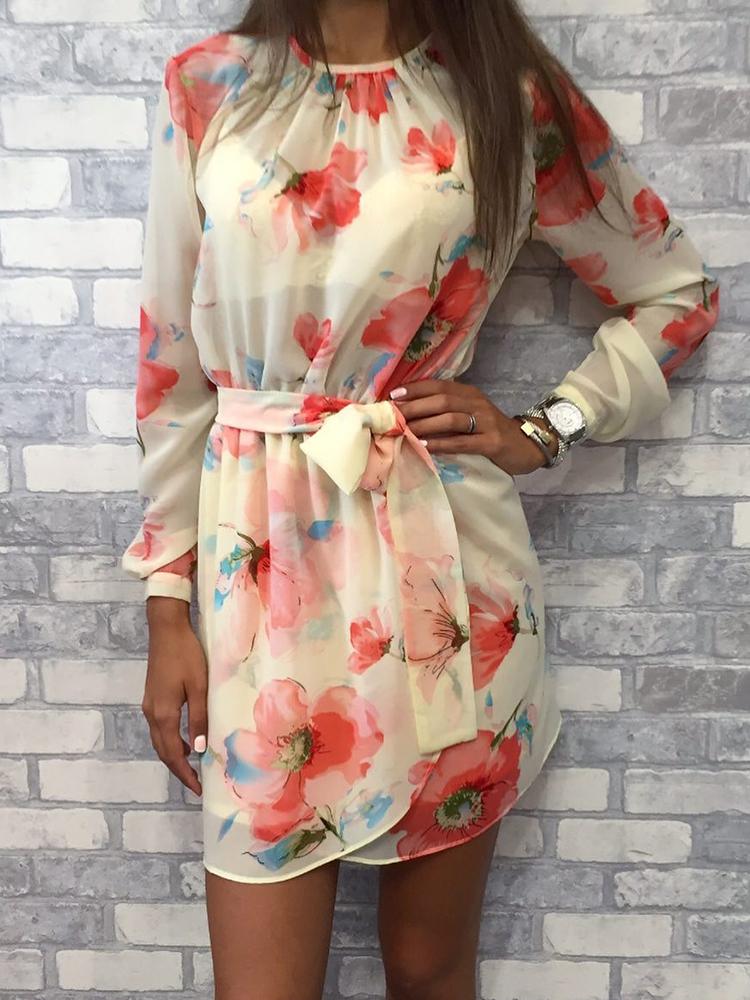 

Floral Print Long Sleeve Overlay Hem Dress